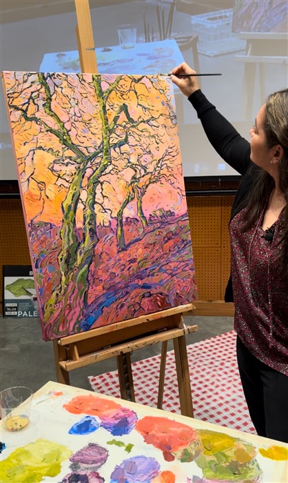 I was giving a speech before doing a live demonstration in Scottsdale, and I was explaining to the audience how I select specific items from the landscape to focus on, in order to give a cohesive message and composition in my painting -- when I had the perfect idea of what I should paint for them the following day: I painted the palo verdes trees that were right outside the Spirit of the West museum in Scottsdale. Here is the completed painting. I demonstrated how I used complementary colors to make the greens of the palos verdes pop and come alive, and how I used motion within the composition to keep the eyes moving throughout the painting. Every choice made during painting, such as which trees to focus on, the colors, the position of the trees -- everything revolved around the central idea "look how green those trees are!"