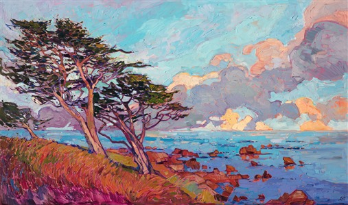 This Monterey-inspired painting captures the grace and unique beauty of the coastal cypress trees.  Their curving branches and warm-hued trunks make for a dramatic composition against the rising clouds in the distance.  The brush strokes in this painting are loose and impressionistic, alive with color and texture.

This painting has been framed in a hand-gilded, carved floater frame that was designed to complement the colors in this painting.  It will arrived wired and ready to hang.

This painting will be included in the exhibition <i><a href="https://www.erinhanson.com/Event/erinhansoncoastalcalifornia" target="_blank">Erin Hanson: Coastal California</i></a>, at The Erin Hanson Gallery in San Diego. The artist's reception will take place on June 24th.  If you purchase this painting online, it will be shipped to you the week of June 26th.
