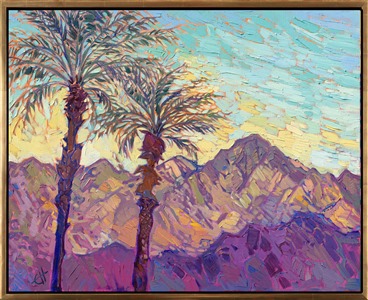 This abstract impressionist oil painting captures the desert beauty of La Quinta's Cove, tucked up in the foothills of the Santa Rosa Mountains. Thick brush strokes capture the delicate color hues of these rocky mountains.

