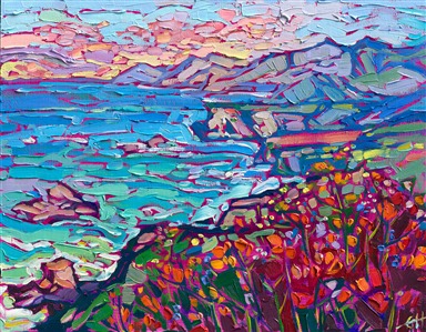 This petite painting captures the majesty of California's Highway 1 with loose, impressionistic brush strokes and a colorful palette. The blues and turquoises are the perfect contrast to the orange California poppies blooming along the coastline.

"Blooming Coast" was created on linen board, and the painting arrives framed in a gold plein air frame, ready to hang.