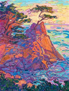 Carmel's Lone Cypress is a popular destination along the Monterey coastline. You can walk out onto the craggy rocks and watch the boulders and swirling waters change colors in the sunset light. The ethereal cypress trees spread their branches out in abstract shapes that have been sculpted by the wind over 100 years.

"Carmel Sunset" is an original oil painting created on gallery-depth stretched canvas. The painting arrives framed in a contemporary gold floater frame, ready to hang. 