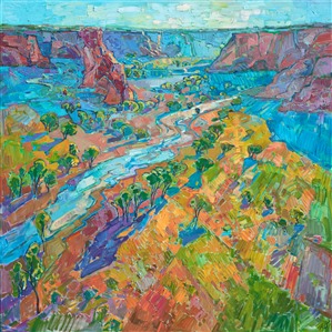 Canyon de Chelly is captured in vibrant hues of spring. Thick brush strokes capture the majestic vista from the canyon's edge.