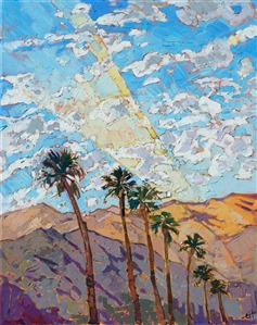 A line of palms sweeps along the base of the Santa Rosa Mountains, the windswept fronds reaching towards the desert sky.  The brush strokes in the painting are loose and impressionistic, capturing all the life and movement of the outdoors.

This painting was done on 1-1/2" canvas, with the painting continued around the edges of the canvas.  The piece has been framed in a simple, 23kt gold floating frame.