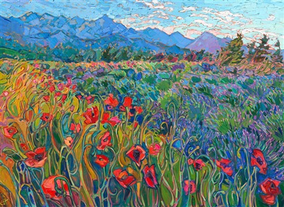 Curving stems of northwestern poppies create abstract patterns in front of rows of lavender. This painting was inspired by Sequim, Washington. The impressionistic brush strokes draw you into the painting and create a sense of movement within the picture.

"Blooming Poppies" is an original oil painting on stretched canvas. The piece arrives in a gold floater frame, ready to hang.