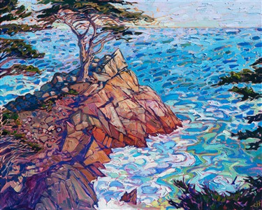The famous Lone Cypress stands out on an outcropping of rock in Pebble Beach, off 17-Mile Drive. The ancient tree weathers the winds and keeps watch out over the swirling waters. The brush strokes in this painting are loose and impressionistic, a medley of color and texture.