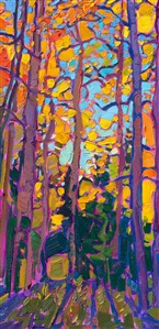 Tall aspen trees stretch into the sky, abstract shapes of brilliant fall color created by crisscrossing branches. The brush strokes are laid side by side in the Open Impressionism style of painting pioneered by Erin Hanson.

"Aspens in Gold" is an original oil painting on linen board. The piece arrives framed in a black and gold plein air frame, ready to hang.

This painting will be displayed at Erin Hanson's annual <a href="https://www.erinhanson.com/Event/ErinHansonSmallWorks2022" target=_"blank"><i>Petite Show</a></i> on November 19th, 2022, at The Erin Hanson Gallery in McMinnville, OR.