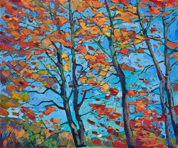 This abstracted landscape focuses on the red and orange fall foliage, inspired by my first trip to Vermont earlier this year. The skies in New England were bold and blue, the perfect contrast against the warm primary colors of the foliage.

This painting was done on 1/8" canvas, and it arrives framed and ready to hang.