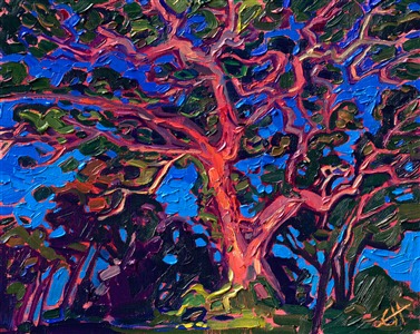 I have long been enamored by the effect of ground lighting on trees and landscape in the early evening.  At this early time of night, the sky is rich and velvety-blue, like a blue-toned jewel, setting off the rich natural colors of the oak tree, lit from underneath by a ground spotlight. This is the first in a series of "Night Paintings" that I plan on creating.

"Night Oak" is an original oil painting on linen board. The piece arrives framed in a black and gold plein air frame.