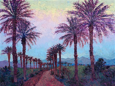 A graduated rainbow of color stands as the backdrop to this painting of La Quinta palms in the Coachella Valley.  The frothy purple fronds are darkened with dusky purple shadows, and the surrounding desert landscape changes as twilight approaches.

The painting was made on 1-1/2" canvas, with the painting continued around the edges.  The piece arrives framed and ready to hang.

