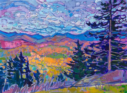 This painting was inspired by the view from one of the tallest peaks in the Appalachians - Grandfather Mountain in the Blue Ridge Mountains. This painting captures the royal blue colors that gave this mountain range its name. The thickly-applied paint strokes add dimension and movement to the painting.

"Blue Ridge Pines" is an original oil painting on linen board. The piece arrives in a black-and-gold plein air frame, ready to hang. 