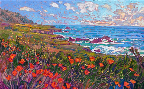 A flurry of California poppies grows alongside Highway 1 in central California. This painting captures the movement and color of the scene, with thickly applied paint strokes and luscious color. The contemporary impressionistic style brings to life the feeling of being out-of-doors.

"Coastal Poppies" was created on 1-1/2" canvas, with the edges finished. The piece arrives framed in a contemporary gold floater frame finished in burnished 23kt gold leaf.