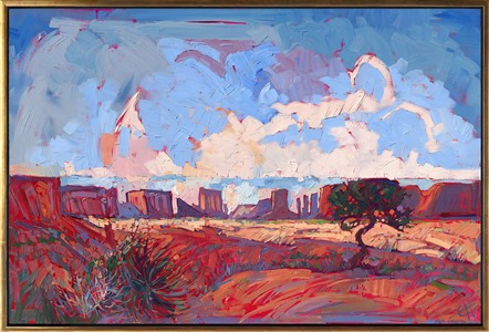 Hanson has always been drawn to the dramatic in landscapes, and nothing is as dramatic as the wide open desertscapes and majestic buttes of Utah and Arizona.  The landscape is almost too incredible to take in, and Hanson has painted it over and over, trying to recapture the magic she feels when she sees it in person.

<b>Note:
This painting is available for pre-purchase and will be included in the <i><a href="https://www.erinhanson.com/Event/SearsArtMuseum" target="_blank">Erin Hanson: Landscapes of the West</a> </i>solo museum exhibition at the Sears Art Museum in St. George, Utah. This museum exhibition, located at the gateway to Zion National Park, will showcase Erin Hanson's largest collection of Western landscape paintings, including paintings of Zion, Bryce, Arches, Cedar Breaks, Arizona, and other Western inspirations. The show will be displayed from June 7 to August 23, 2024.

You may purchase this painting online, but the artwork will not ship after the exhibition closes on August 23, 2024.</b>
<p>

This painting was also included in the exhibition <i><a href="https://www.erinhanson.com/Event/ContemporaryImpressionismatGoddardCenter" target="_blank">Open Impressionism: The Works of Erin Hanson</i></a>, a 10-year retrospective and study of the development of Open Impressionism at The Goddard Center in Ardmore, OK. 