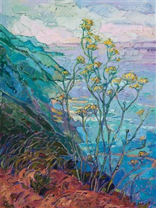 This painting was inspired by a springtime view of Highway 1 near Big Sur, California. The rainbow hues of the coastal mountains fade into the distance, a beautiful contrast behind the yellow mustard flowers. Each brush stroke is thick and impressionistic, creating a mosaic of color and texture across the canvas.

This painting was created on 1-1/2" deep canvas, with the painting continued around the edges for a finished look. The piece arrives framed in a gold floater frame, ready to hang.