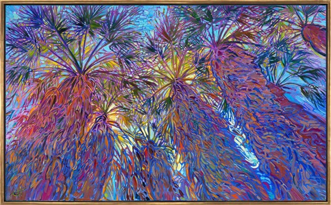 Looking up into the palm tree fronds at Indian Canyon Palm Oasis is the quintessential experience of Palm Springs. This painting captures the beauty and color of the desert with wide, expressive brush strokes and subtle color variations.

<b>Note:
"Palm Impressions" is available for pre-purchase and will be included in the <i><a href="https://www.erinhanson.com/Event/SearsArtMuseum" target="_blank">Erin Hanson: Landscapes of the West</a> </i>solo museum exhibition at the Sears Art Museum in St. George, Utah. This museum exhibition, located at the gateway to Zion National Park, will showcase Erin Hanson's largest collection of Western landscape paintings, including paintings of Zion, Bryce, Arches, Cedar Breaks, Arizona, and other Western inspirations. The show will be displayed from June 7 to August 23, 2024.

You may purchase this painting online, but the artwork will not ship after the exhibition closes on August 23, 2024.</b>
<p>