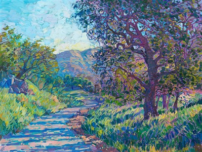 A curving road leads you through the idyllic landscape of Paso Robles in California's wine country.  The twisting branches of the oak tree cast long shadows across the pathway, creating a pattern of blue and purple.  The lush spring-time grasses cover the hillsides and beckon you into the distance.

This painting was done on 1-1/2" canvas, with the edges of the canvas painted. The piece will be framed in a gold floater frame and it arrives ready to hang.