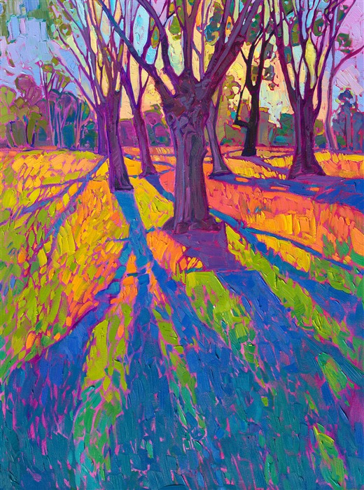 Inspired by a rainy day that suddenly cleared at the Big Canyon Country Club, this painting captures the crystal light that shone through in the late afternoon, casting long shadows against the apple-green grass.</p><p>"Arbor of Light" was created on 1-1/2 canvas, with the painting continued around the edges. The painting arrives framed in a contemporary gold floater frame, ready to hang.