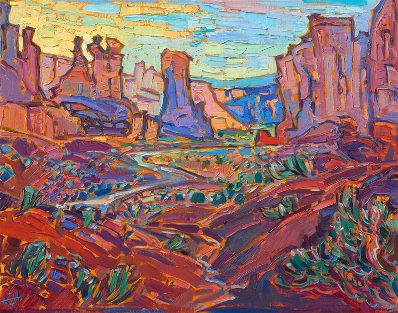 Arches National Park is painted in the beautiful hues of the desert at sunrise: buttery oranges against rich purples and turquoise. The brush strokes in this painting are loose and expressive, capturing the beauty of nature with separated brush strokes that accentuate the light of the desert.</p><p>