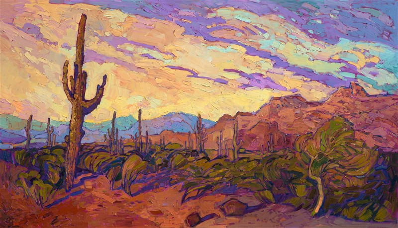 Arizona Saguaros cast long shadows across the desert landscape.  The sky is bathed in brilliant color, purple clouds contrasting against a mandarin sky.  The brushstrokes in this painting are thick and impressionistic, alive with color and motion.</p><p>This painting was done on 1-1/2" deep canvas with the painting continued around the edges for a finished look. Framing is available upon request.