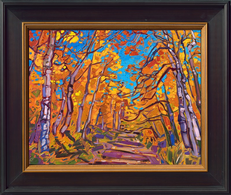 Hiking through the winding trails of southern Utah's aspen forests is peaceful and invigorating. The vibrant hues of gold and orange shimmer around you, while the coin-shaped leaves rustle and clap in the wind. This painting captures the beauty of Cedar Breaks National Park with thick, impressionistic brush strokes.</p><p>"Aspens on Blue" is an original oil painting created on linen boad. The piece arrives framed in a black and gold plein air frame.