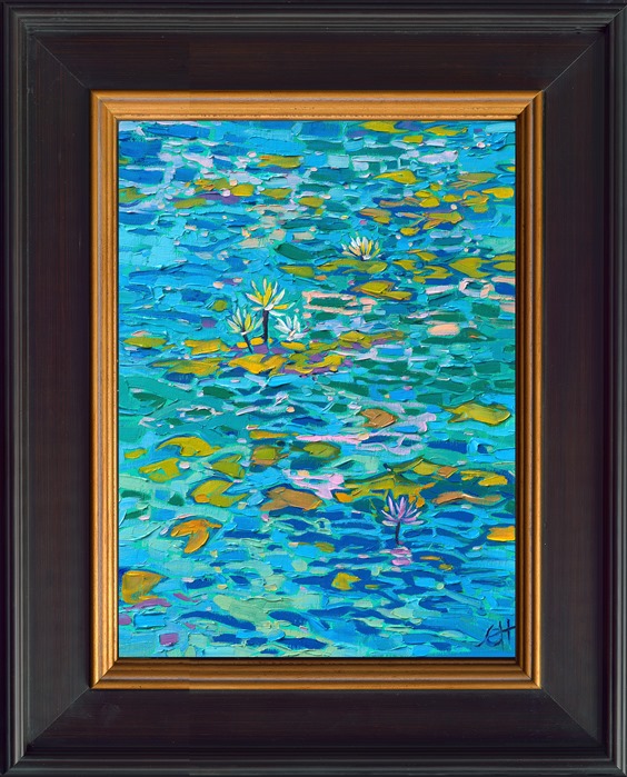 This painting was inspired by the water lilies garden in San Diego's Balboa Park. The brush strokes are thick and impressionistic, capturing the changing light and vibrant colors of the scene.</p><p>"Blue Lilies" is an original oil painting created on linen board. The piece arrives framed in a black and gold plein air frame.<br/>