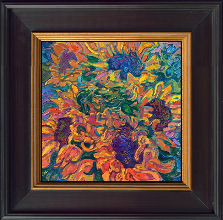 Loose, impressionistic brushstrokes flow with ever-changing color across the canvas in this petite oil painting of sunflower petals. Vibrant colors dance together in the rhythmic flow of nature's beauty.</p><p>"Cadmium Petals" is an original oil painting on linen board. The piece arrives framed in a black and gold plein air frame, ready to hang. The linen board will be framed in a mock-floater style, so none of the edges of the painting are covered by the frame, and you can enjoy the full surface of the painting.</p><p>This painting will be displayed at Erin Hanson's annual <a href="https://www.erinhanson.com/Event/ErinHansonSmallWorks2022" target=_"blank"><i>Petite Show</a></i> on November 19th, 2022, at The Erin Hanson Gallery in McMinnville, OR.