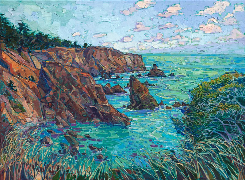 The fading light on the California coast near Mendocino casts a beautiful glow of color across the landscape and ocean waters. Each brushstroke captures a feeling of capturing a transient moment of time, an impressionistic memory of light.</p><p>This painting was created on 1-1/2" canvas, with the painting continued around the edges of the canvas. The piece has been framed in a custom-made, gold floater frame.