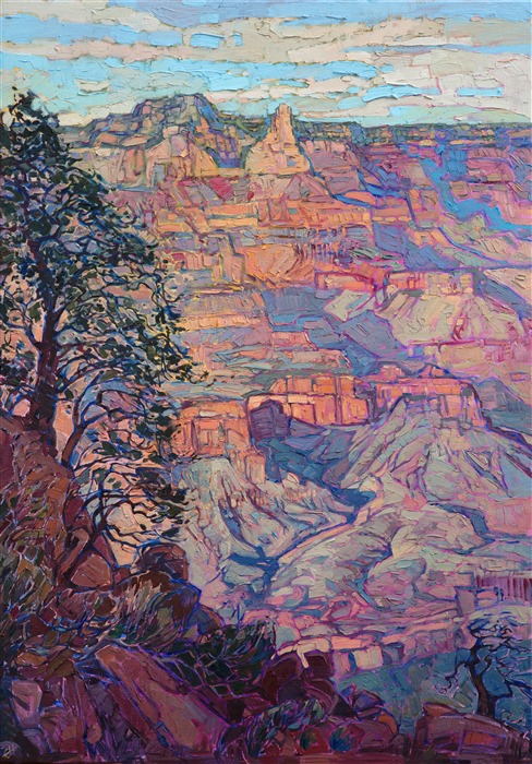 This painting was inspired by my recent backpacking trip down into the Grand Canyon.  Starting from the canyon's rim 2 hours before dawn, I raced down the long switchbacks down from the rim so I could have a front-and-center view of the sunrise striking down into the canyon. This piece captures all the grandeur of Arizona with loose, impressionistic brush strokes.