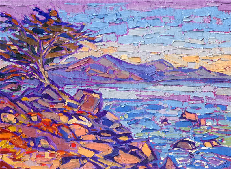 The wind-sculpted Monterey cypress tree stands alone on the point of the peninsula, surrounded by sun-warmed boulders and the cool waters of the Pacific slowing turning color from blue to lavender as the sun lowers to the horizon.</p><p>"Carmel Point" is an original oil painting on linen board. The piece arrives framed in a plein air frame, ready to hang.