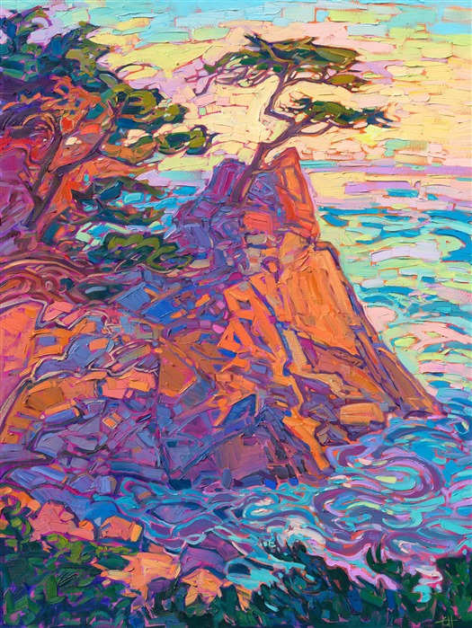 Carmel's Lone Cypress is a popular destination along the Monterey coastline. You can walk out onto the craggy rocks and watch the boulders and swirling waters change colors in the sunset light. The ethereal cypress trees spread their branches out in abstract shapes that have been sculpted by the wind over 100 years.</p><p>"Carmel Sunset" is an original oil painting created on gallery-depth stretched canvas. The painting arrives framed in a contemporary gold floater frame, ready to hang. 
