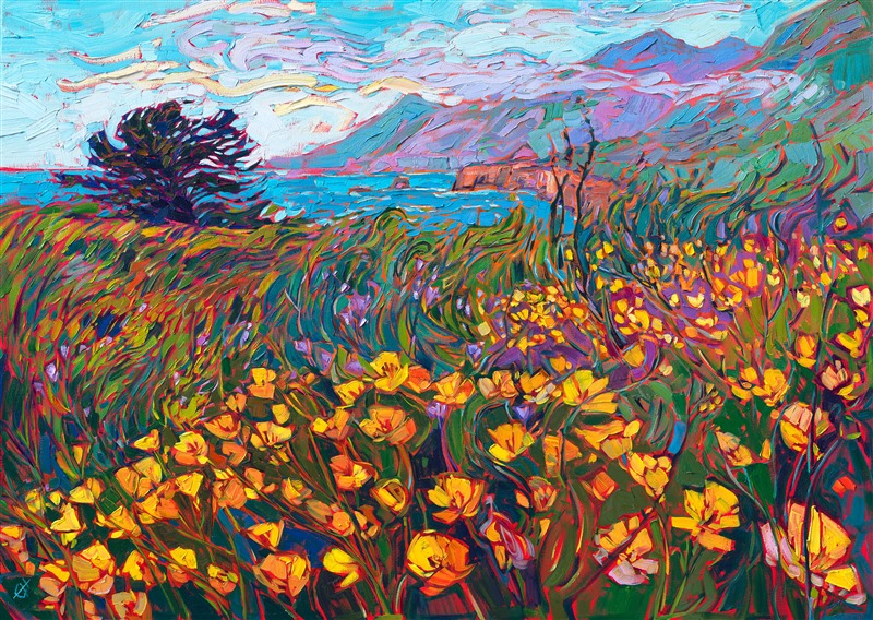 Buttery orange poppies bloom along Highway 1 in California. A rising fog obscures the curving line of the coastal mountains. Thick brush strokes and impressionistic color capture the beauty of the scene.</p><p>"Coastal Poppies III" was created on gallery-depth canvas, and the piece arrives framed in a contemporary gold floater frame, ready to hang.