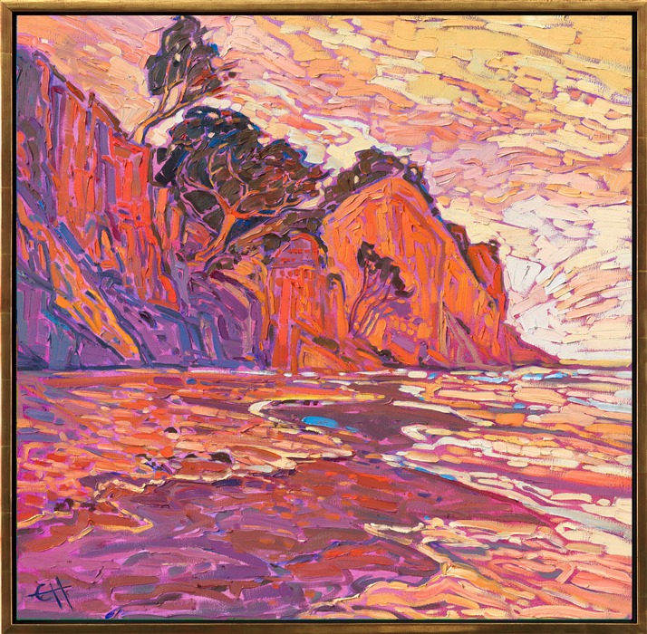 Created with a limited palette to accentuate the hues of orange, this painting of Loon Point captures the beauty of the Santa Barbara coastline with impressionistic brush strokes and expressive texture. </p><p>"Coastal in Orange" is an original oil painting on stretched canvas, framed in a gold floating frame. The piece will be displayed at Erin Hanson's solo museum show <i><a href="https://www.erinhanson.com/Event/AlchemistofColor" target="_blank">Erin Hanson: Alchemist of Color</i></a> at the Channel Islands Maritime Museum in Oxnard, California. You may purchase this painting now, but the piece will not be delivered until after the show ends on December 28th, 2023.