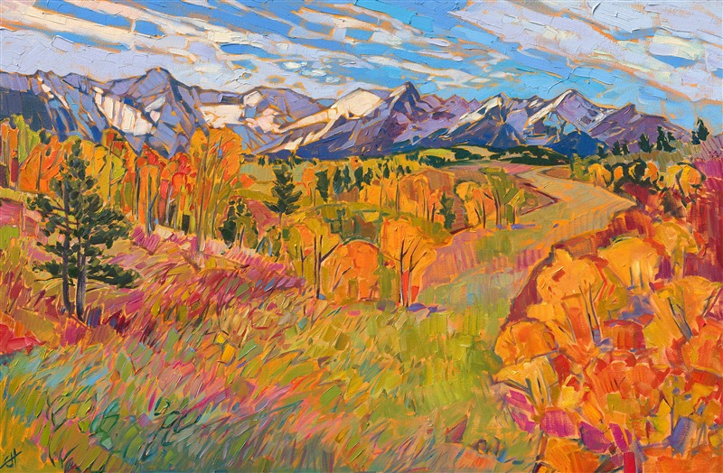Driving high in the Colorado Rockies in search of autumnal leaves, I saw this vista spreading before me, awash in all the colors of autumn. I used wide, expressive brush strokes to capture the feeling of being out in the open air, surrounded by vibrant, vivid color.</p><p>"Colorado Heights" was created on 1-1/2" canvas, with the painting continued around the edges. The painting arrives framed in a gold floater frame, ready to hang.