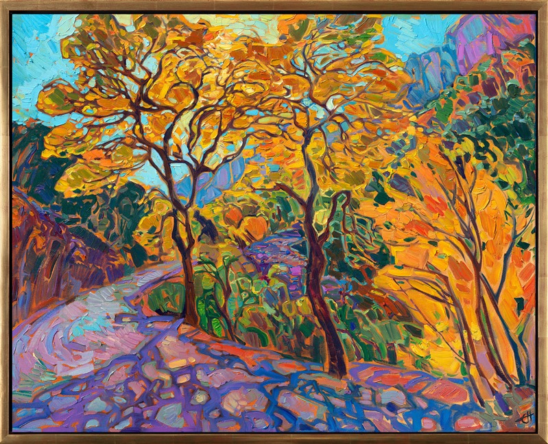 Cottonwood trees love growing near water, and they give Zion's canyon wash beautiful shade and pops of color in the autumn. This painting captures the cottonwood trees in October in Zion National Park.</p><p><b>Note:<br/>"Cottonwood Shadows" is available for pre-purchase and will be included in the <i><a href="https://www.erinhanson.com/Event/SearsArtMuseum" target="_blank">Erin Hanson: Landscapes of the West</a> </i>solo museum exhibition at the Sears Art Museum in St. George, Utah. This museum exhibition, located at the gateway to Zion National Park, will showcase Erin Hanson's largest collection of Western landscape paintings, including paintings of Zion, Bryce, Arches, Cedar Breaks, Arizona, and other Western inspirations. The show will be displayed from June 7 to August 23, 2024.</p><p>You may purchase this painting online, but the artwork will not ship after the exhibition closes on August 23, 2024.</b><br/><p>