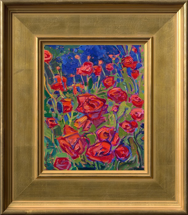 A petite canvas bursts with rich crimson ranunculus against a flurry of green and blue foliage. Each brush stroke in this oil painting is loose and painterly, capturing the impression of the red blooms.</p><p>"Crimson Blooms" was created on fine linen board, and the piece arrives framed and ready to hang.