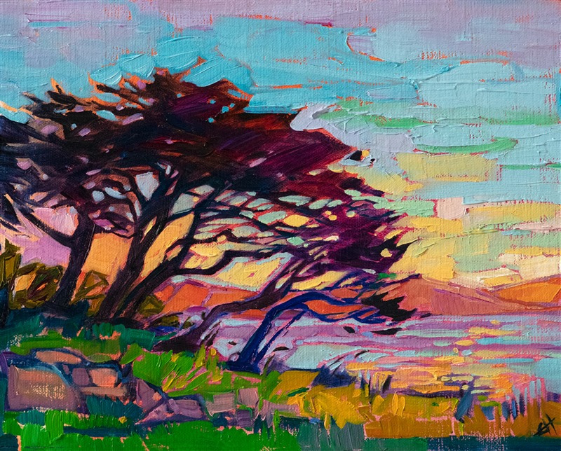 Bands of rainbow light stretch across the sky in this petite oil painting of Lover's Point, on the Monterey Peninsula. The brush strokes are loose and expressive, creating a mosaic of color across the canvas.</p><p>"Cypress Sunset" was created on fine linen board, and it arrives framed in a hand-made, closed corner plein air frame.