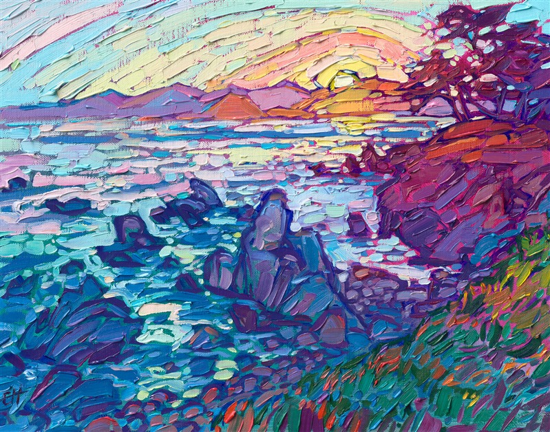 The view from the tip of Monterey's peninsula is best experienced at sunset. The rich turquoise and violet shadows contrast with the warm hues of the setting sun. This petite oil painting captures all the vibrant beauty of Monterey's coastline.</p><p>"Dappled Coast" is an original oil painting created on fine linen board. The painting arrives framed in a plein air frame, ready to hang.