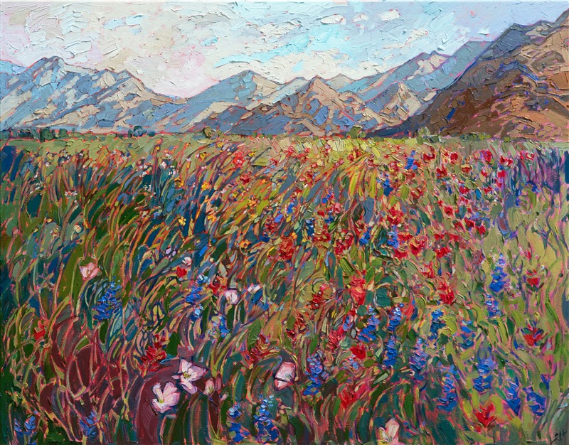 Desert wildflowers dance across the desert floor of Indian Wells, California.  The brush strokes are thickly applied and alive with motion and color.  This painting captures all the beauty of the desert in bloom.