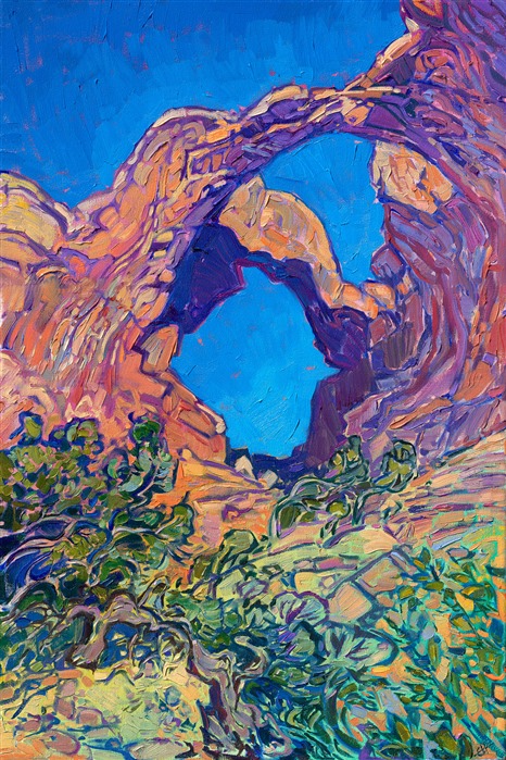 Arches National Park is one of my favorite national parks to paint. The clean, abstract rock formations make great painting compositions, and the buttery colors of sandstone rock allow me to use the full range of my palette from creamy yellow to butternut orange to vivid purple. This painting captures the famous double arches at Arches National Park.<br/><b>Note:<br/>"Double Arches" is available for pre-purchase and will be included in the <i><a href="https://www.erinhanson.com/Event/SearsArtMuseum" target="_blank">Erin Hanson: Landscapes of the West</a> </i>solo museum exhibition at the Sears Art Museum in St. George, Utah. This museum exhibition, located at the gateway to Zion National Park, will showcase Erin Hanson's largest collection of Western landscape paintings, including paintings of Zion, Bryce, Arches, Cedar Breaks, Arizona, and other Western inspirations. The show will be displayed from June 7 to August 23, 2024.</p><p>You may purchase this painting online, but the artwork will not ship after the exhibition closes on August 23, 2024.</b><br/><p>