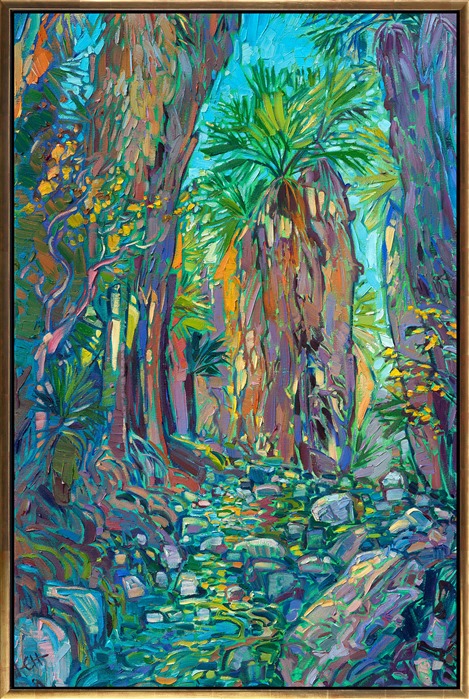 Indian Canyon Palm Oasis in Palm Springs, California, is lush and green all year around, even in the middle of summer. The trickling stream of water stays cool under the arbor of ferns and palm fronds. This painting captures the emerald colors of the desert oasis with thick, expressive brush strokes in Hanson's unique Open Impressionism style.</p><p><b>Note:<br/>"Emerald Oasis" is available for pre-purchase and will be included in the <i><a href="https://www.erinhanson.com/Event/SearsArtMuseum" target="_blank">Erin Hanson: Landscapes of the West</a> </i>solo museum exhibition at the Sears Art Museum in St. George, Utah. This museum exhibition, located at the gateway to Zion National Park, will showcase Erin Hanson's largest collection of Western landscape paintings, including paintings of Zion, Bryce, Arches, Cedar Breaks, Arizona, and other Western inspirations. The show will be displayed from June 7 to August 23, 2024.</p><p>You may purchase this painting online, but the artwork will not ship after the exhibition closes on August 23, 2024.</b><br/><p>