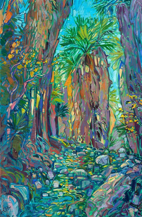 Indian Canyon Palm Oasis in Palm Springs, California, is lush and green all year around, even in the middle of summer. The trickling stream of water stays cool under the arbor of ferns and palm fronds. This painting captures the emerald colors of the desert oasis with thick, expressive brush strokes in Hanson's unique Open Impressionism style.</p><p><b>Note:<br/>"Emerald Oasis" is available for pre-purchase and will be included in the <i><a href="https://www.erinhanson.com/Event/SearsArtMuseum" target="_blank">Erin Hanson: Landscapes of the West</a> </i>solo museum exhibition at the Sears Art Museum in St. George, Utah. This museum exhibition, located at the gateway to Zion National Park, will showcase Erin Hanson's largest collection of Western landscape paintings, including paintings of Zion, Bryce, Arches, Cedar Breaks, Arizona, and other Western inspirations. The show will be displayed from June 7 to August 23, 2024.</p><p>You may purchase this painting online, but the artwork will not ship after the exhibition closes on August 23, 2024.</b><br/><p>