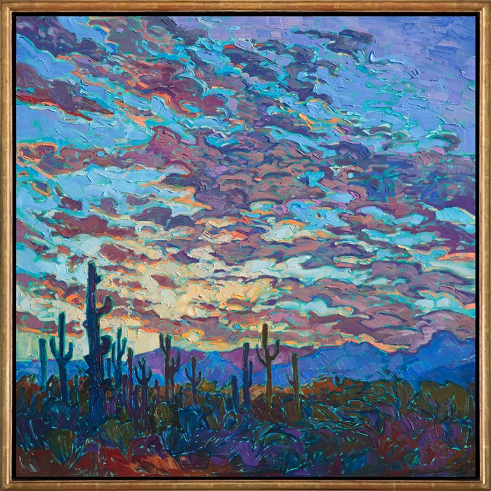 A traditional Arizona vista is captured in non-traditional, expressionistic color. The thick brushstrokes of oil paint curl through the sky, creating a vivid sense of motion within the painting. The paint seems to glow with light from within.</p><p>This painting was done on 1-1/2" canvas, with the painting continued around the edges of the canvas, and it has been framed in a custom, gold-leaf floater frame. The painting arrives ready to hang.