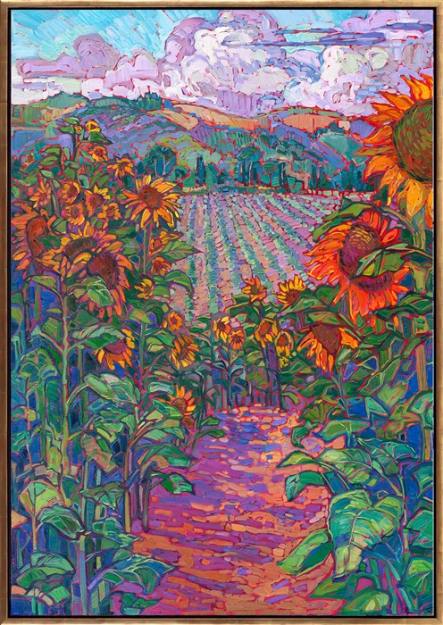 Rows of cultivated sunflowers draw you into a magical landscape of rolling hills and evergreen trees. The expressive brushstrokes create a medley of impressionistic color that captures the warmth of summer.</p><p>"Fields of Sunflowers" is an original oil painting done on stretched canvas. The piece arrives framed in a gilded floater frame, ready to hang.