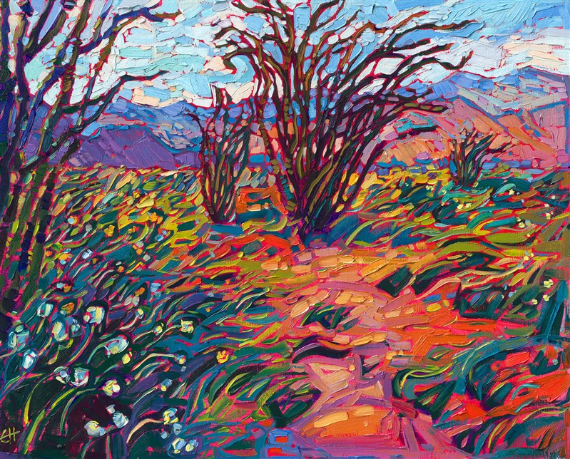 This petite painting captures the wide expanse of color seen in Anza-Borrego State Park during a super bloom. Pink, yellow, and white flowers flood the desert floor with bright specks of color, while the long arms of the ocotillo sway overhead.</p><p>"Flowing Ocotillo" is an original oil painting created on linen board. The painting arrives in a black and gold plein air frame, ready to hang.