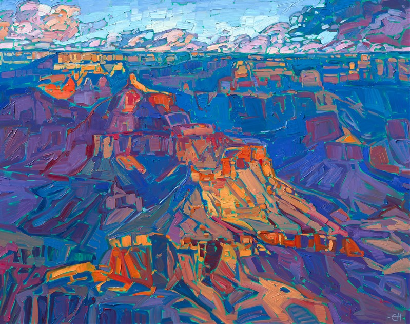 This painting captures the beautiful colors of the Grand Canyon in high-contrast, thickly applied brush strokes of oil paint. The impressionistic vista comes alive on the canvas, re-creating the feeling of standing on the rim and watching a vivid sunset. This painting was inspired by a sunrise seen at Lipan Point.</p><p>"Grand Canyon" was created on 1-1/2" stretched linen, with the painting continued around the edges. The piece arrives framed in a contemporary gold floater frame.