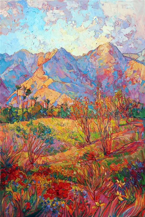 Indian Wells is captured in vivid color and bold, impressionistic brush strokes, by California painter Erin Hanson.  This piece brings to life the range of color seen in the desert, from the wildflowers to the palms to the colorful San Jacinto mountains at sunset.</p><p>The framed, original oil painting will be available for purchase at the Indian Wells Art Festival, located at the beautiful Tennis Gardens, on April 3-5th, 2015.  The photos above show the painting being unveiled at the city council meeting with the mayor of Indian Wells.</p><p>The Indian Wells Art Festival commemorative poster may be purchased online here: http://www.indianwellsartsfestival.com/2015-poster-artist.html</p><p>