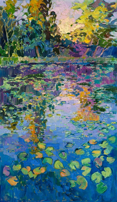 Delicate morning light filters through the trees and illuminates this lily pond.  This painting was inspired by the pond at the Norton Simon impressionism museum in Pasadena, California.  The brush strokes are loose and expressive, a tribute to the great impressionists of the past.</p><p>This painting was created on 1-1/2"-deep canvas, with the painting continued around the sides of the canvas.  It has been framed in a hand-carved and gilded floater frame. Read more about the <a href="https://www.erinhanson.com/Blog?p=AboutErinHanson" target="_blank">painting's details here.</a>