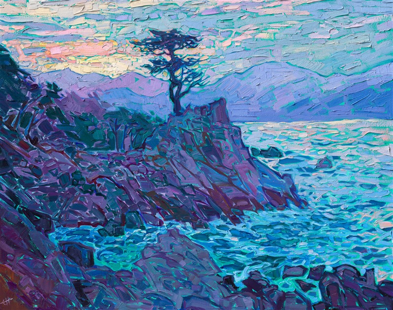 Waking up before dawn, I went exploring along 17 Mile Drive. I watched the sun rise behind Lone Cypress, sitting all alone in the silent morning. This painting captures all the peace and beauty of that quiet moment.</p><p>"Lone Cypress Dawn" is an original oil painting created on gallery-depth canvas, with the painting wrapped around the edges of the canvas. The piece arrives framed in a silver floater frame, ready to hang.