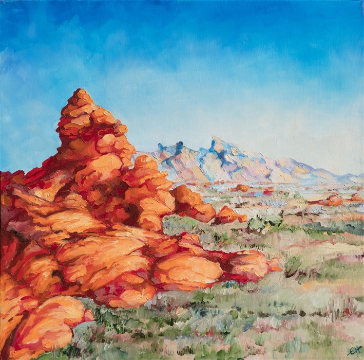 This painting was included in the exhibition <i><a href="https://www.erinhanson.com/Event/ContemporaryImpressionismatGoddardCenter" target="_blank">Open Impressionism: The Works of Erin Hanson</i></a>, a 10-year retrospective and study of the development of Open Impressionism at The Goddard Center in Ardmore, OK. </p><p>About the Painting:<br/>People always see faces and animals in the red rock formations of Valley of Fire State Park.  The artist had already finished the painting before she saw the clear outlines of the Man in the Mountain in her work.