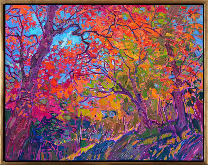 Beautifully arching branches of Japanese maple trees create an arbor of impressionistic color in this abstract landscape. The brush strokes are loose and expressive, capturing the lights and texture of the scene. This painting was inspired by an autumn trip to Kyoto, Japan.</p><p>The piece will be displayed at Erin Hanson's solo museum show <i><a href="https://www.erinhanson.com/Event/AlchemistofColor" target="_blank">Erin Hanson: Alchemist of Color</i></a> at the Channel Islands Maritime Museum in Oxnard, California. You may purchase this painting now, but the piece will not be delivered until after the show ends on December 28th, 2023.</p><p>"Maple Dreams" is an original oil painting done on stretched canvas. The piece arrives framed in a 23kt gold floating frame, ready to hang.