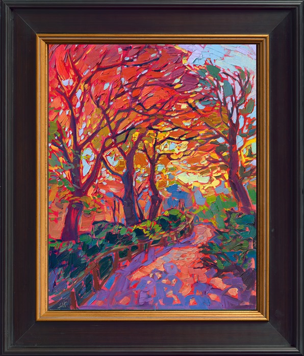 This petite painting captures the beautiful, vibrant colors of Kyoto's famous Japanese maple trees. The brush strokes are thick and luscious, almost edible looking! </p><p>"Maple Walk" is an original oil painting on linen board. The piece arrives framed in a gold plein air frame, ready to hang.